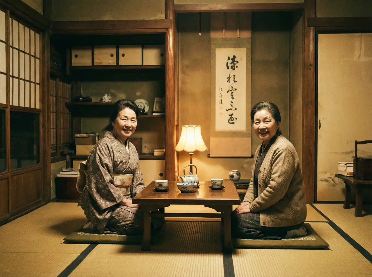 两位优雅的 jbo体育 在日式茶室中品茶交谈